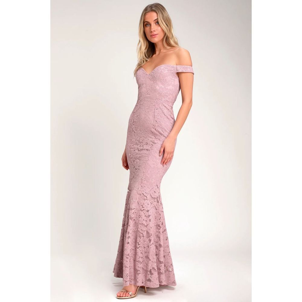 Lulus Small Swept Up Lavender Lace Off-the-Shoulder Maxi Dress Maxi Dress Weddin
